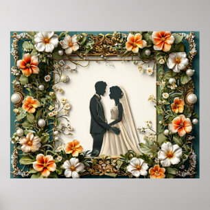 Poster Mariage élégant silhouette avec décor de cadre flo