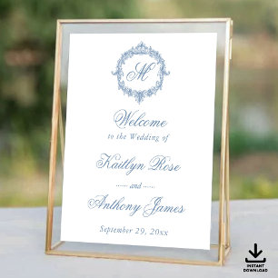 Poster Mariage Élégant Vintage Bleu Toile Monogram