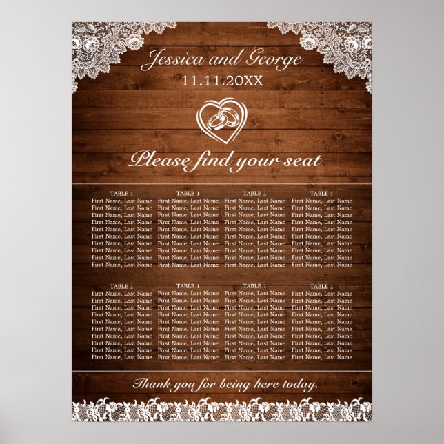 Poster Mariage en bois rustique et dentelle blanche (Devant)