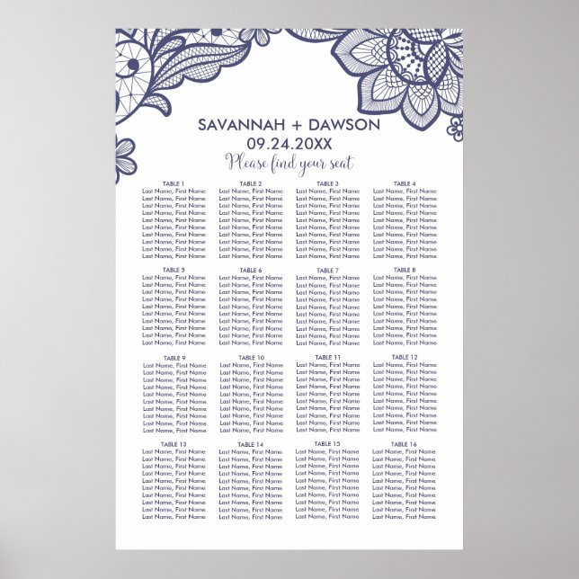 Poster Mariage en dentelle bleu de la Marine florale (Devant)