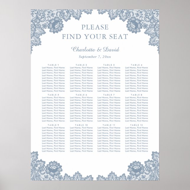 Poster Mariage en dentelle florale bleu poussiéreux Table (Devant)