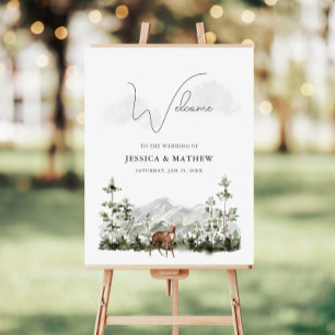 Poster Mariage en forêt de pins de montagne Bienvenue