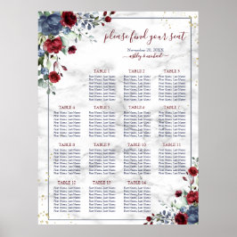 Poster Mariage en marbre floral Dusty Burgundy