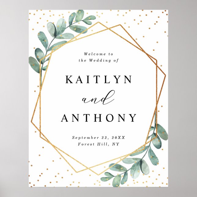 Poster Mariage Eucalyptus Géométrique Gold Foil Bienvenue (Devant)