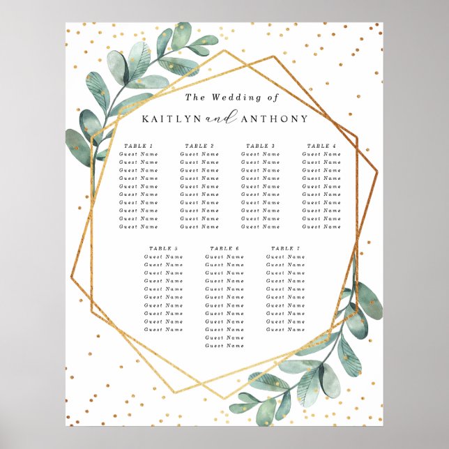 Poster Mariage Eucalyptus Géométrique Gold Foil Siège (Devant)