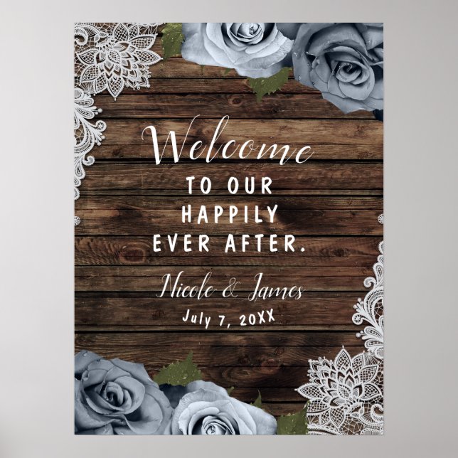 Poster Mariage Fleurs de Roses Bleu Poussiéreux Bois Rust (Devant)