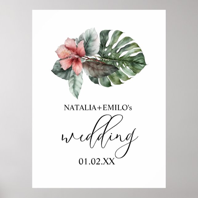 Poster Mariage floral à feuille de monstera aquarelle (Devant)
