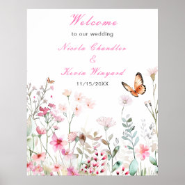 Poster Mariage floral à papillon rose profond du printemp
