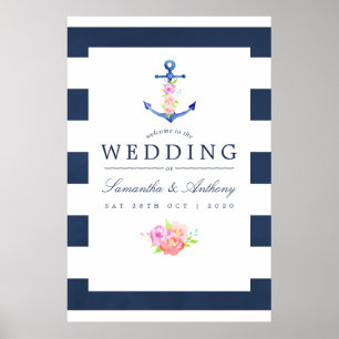 Poster Mariage floral à thème nautique à l'aquarelle