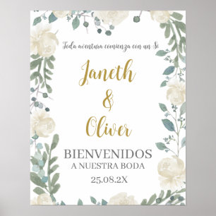 Poster Mariage floral blanc signe d'accueil en espagnol
