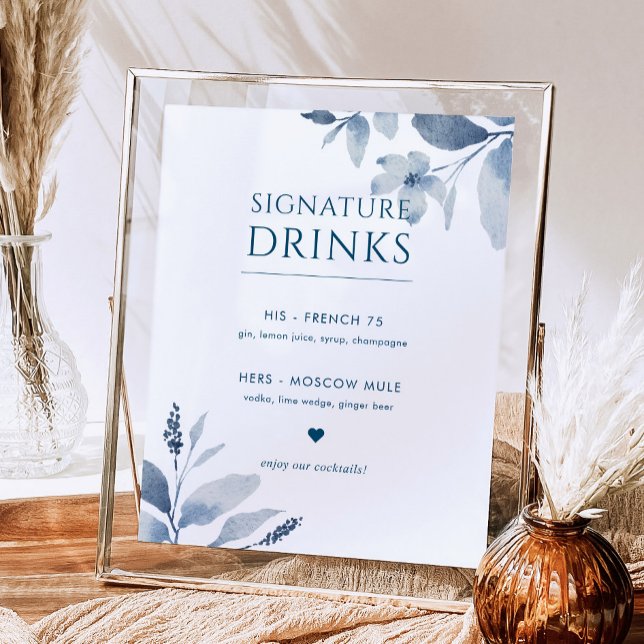 Poster Mariage floral bleu foncé Signature Boissons Signa (Créateur téléchargé)