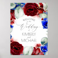 Mariage floral bleu marine et bourgogne Bienvenue