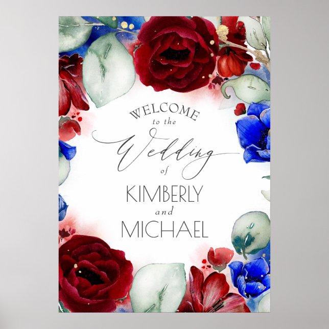 Poster Mariage floral bleu marine et bourgogne Bienvenue (Devant)