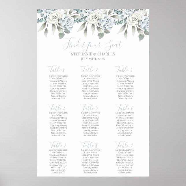 Poster Mariage floral bleu poussière (Devant)