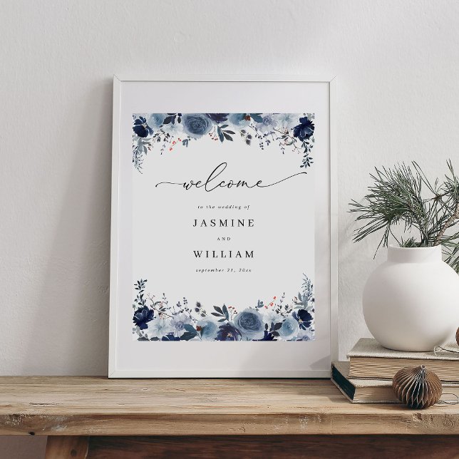 Poster Mariage Floral Blue & Navy Bienvenue 2 (Créateur téléchargé)