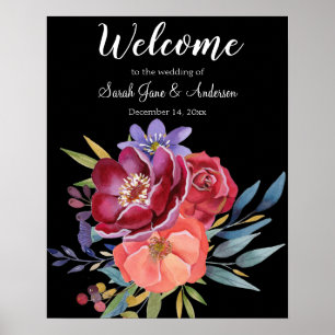 Poster Mariage floral bordeaux et violet - Noir