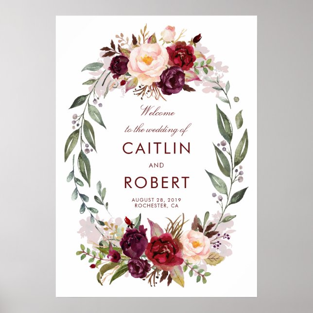 Poster Mariage floral de Bourgogne Bienvenue (Devant)
