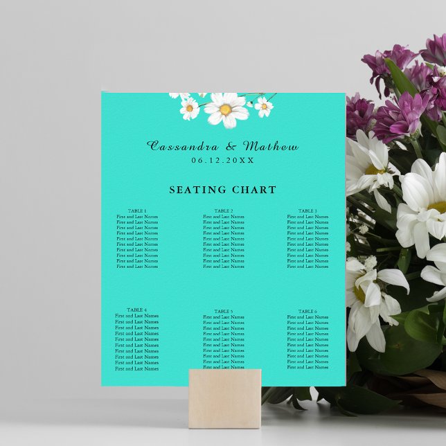 Poster Mariage floral de marguerite turquoise 60 places (Turquoise Daisy Floral Wedding 60 Seating Chart 8x10 size)