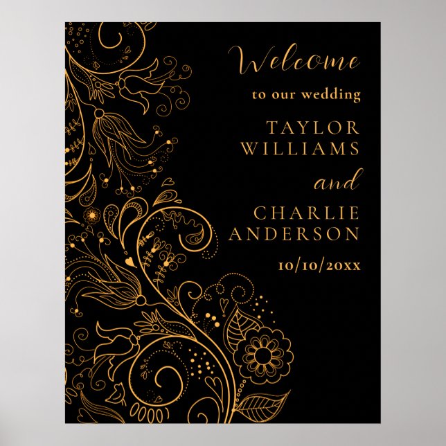 Poster Mariage floral élégant or et noir (Devant)