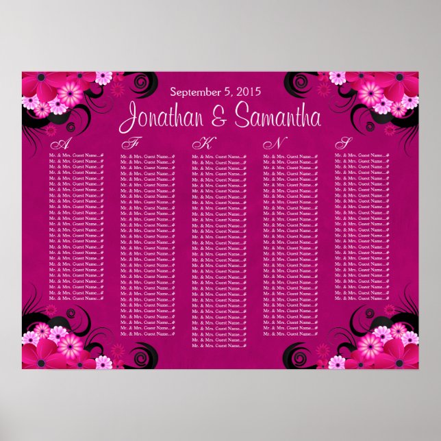 Poster Mariage floral foncé Fuchsia Cartes de sièges (Devant)