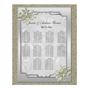 Poster Mariage floral Gem Argent encadré, Or et Argent
