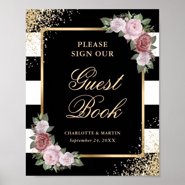 Poster Mariage Floral Noir Rose Blush Signal (Devant)