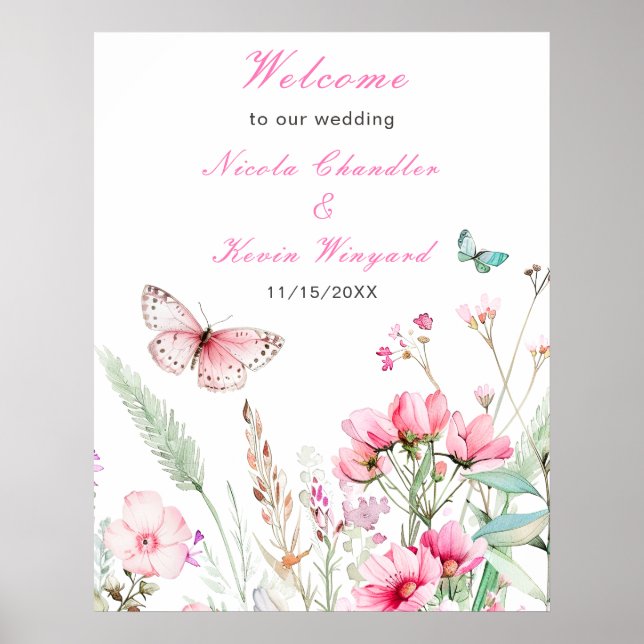 Poster Mariage floral papillon rose de printemps (Devant)