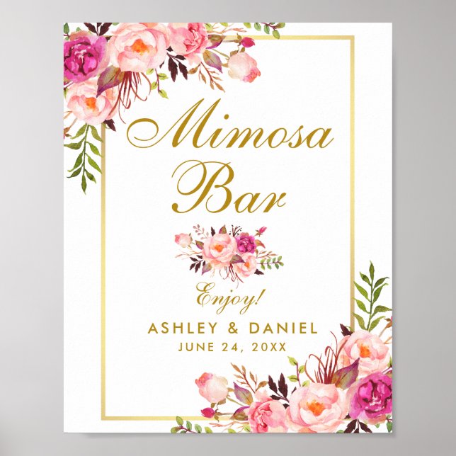 Poster Mariage Floral Pink Gold Mimosa Bar (Devant)