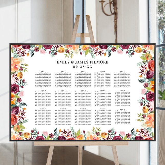 Poster Mariage Floral Rose Automnal Burgundy Rustique Pla (Créateur téléchargé)