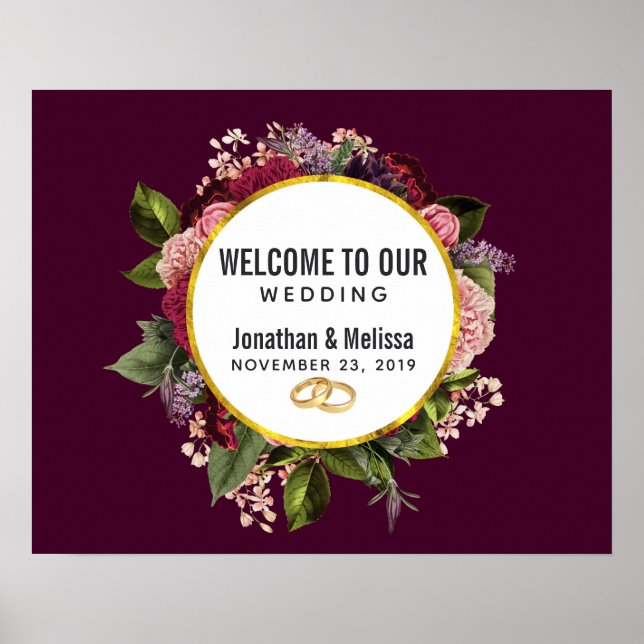 Poster Mariage Floral rose et bourgogne Bienvenue (Devant)