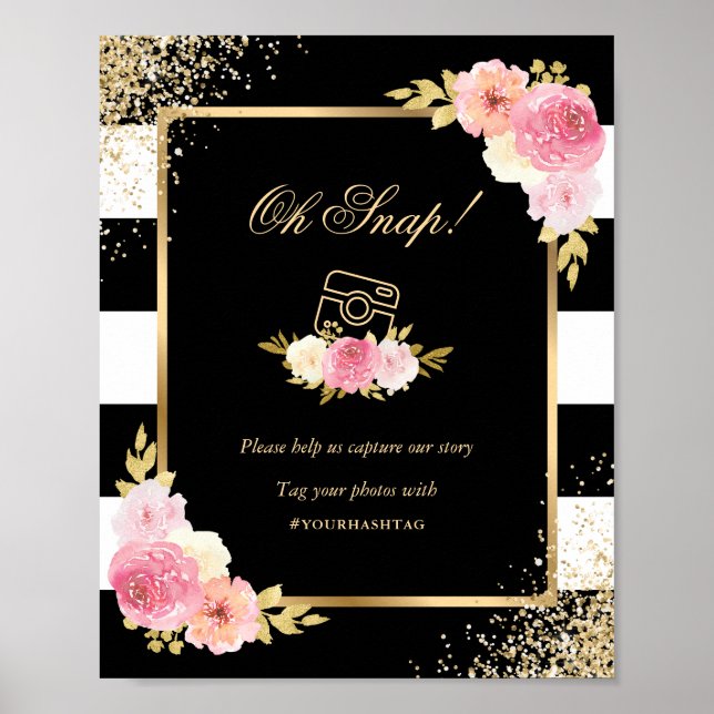 Poster Mariage Floral rose Noir SIGNE DES RÉSEAUX SOCIAUX (Devant)