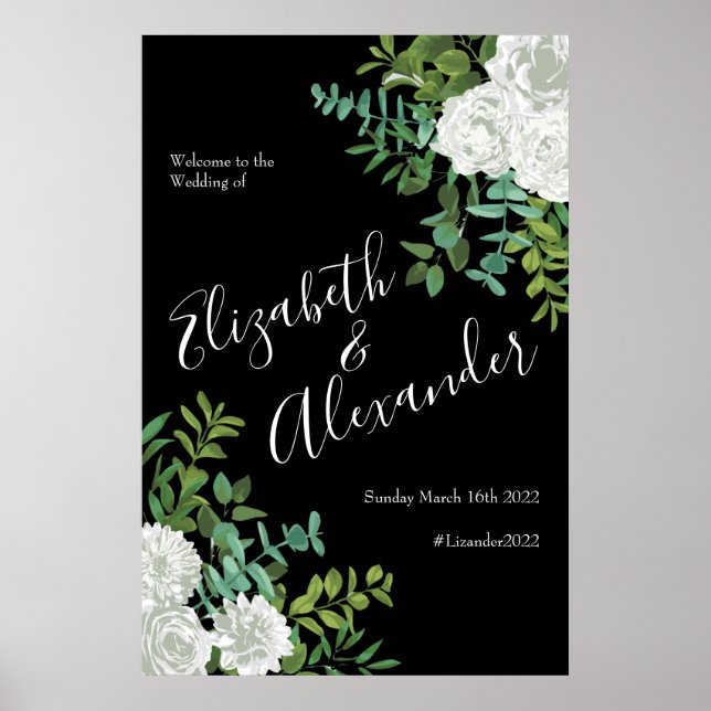 Poster Mariage floral rose noire et blanche (Devant)