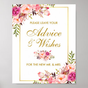 Poster Mariage Floral Rose or Conseils et souhaits