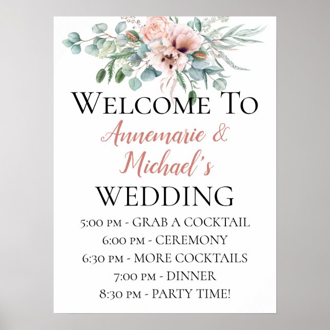 Poster Mariage floral rose rose pâle Bienvenue (Devant)