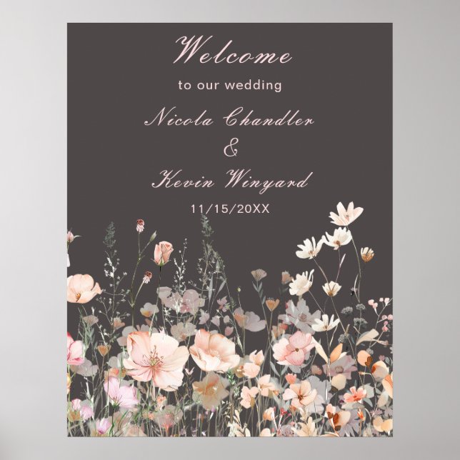Poster Mariage floral rose rose rose fleur sauvage (Devant)