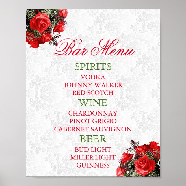 Poster Mariage Floral Rose rouge - Menu Bar (Devant)