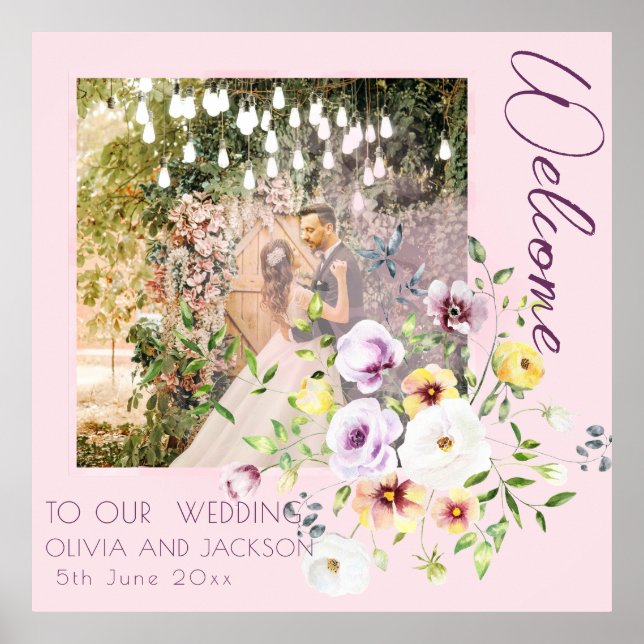 Poster Mariage Floral Violet Lavande Bleue Bienvenue PINK (Devant)