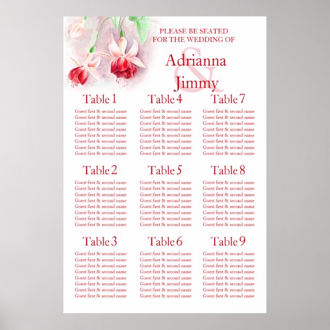 Poster Mariage fuchsia rose rouge Planificateur de table  (Devant)