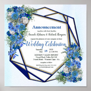 Poster Mariage géométrique Gold-Navy et Blue Flower