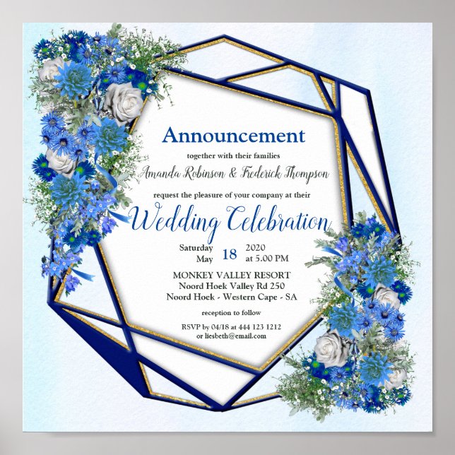 Poster Mariage géométrique Gold-Navy et Blue Flower (Devant)