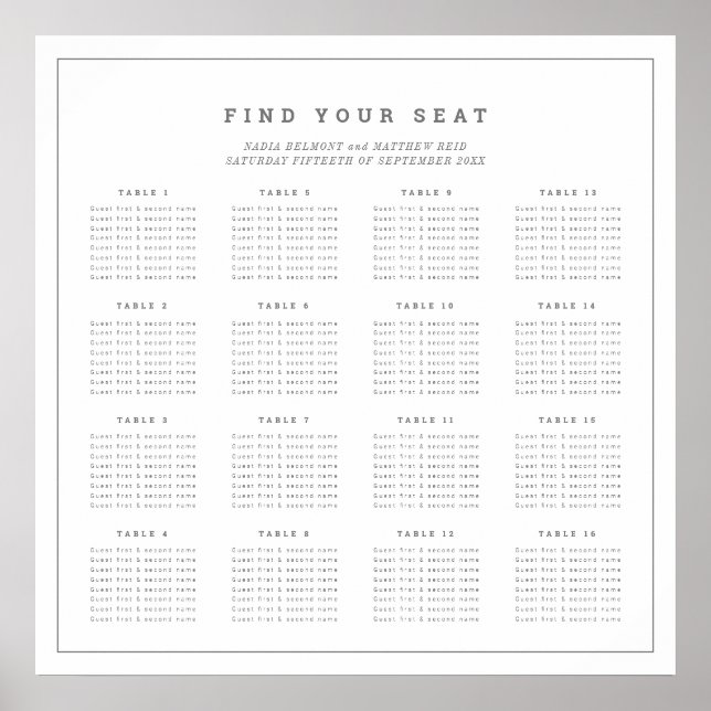 Poster Mariage gris blanc minimal 16 tables (Devant)