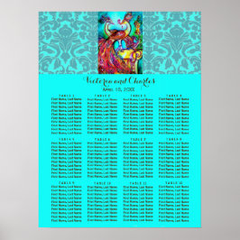 Poster MARIAGE LOVE PEACOCKS Blue Damask Seize Chart