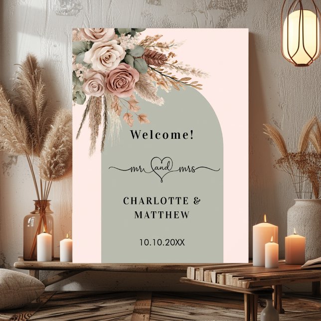 Poster Mariage m. mme coeur rose arche sauge vert taupe (Créateur téléchargé)