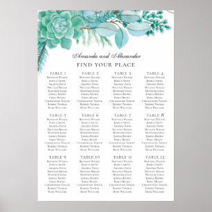 Poster Mariage menthe. Plan de table aux succulentes aqua
