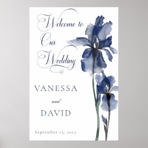 Poster Mariage moderne à fleurs bleu Iris