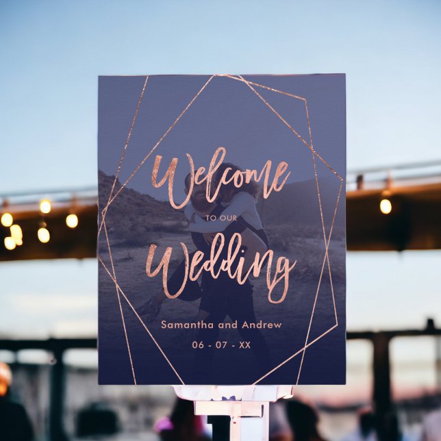 Poster Mariage moderne de bienvenue photo or rose navy (Modern rose gold navy photo welcome wedding poster)
