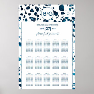 Poster Mariage moderne Terrazzo Mosaic bleu carte de sièg