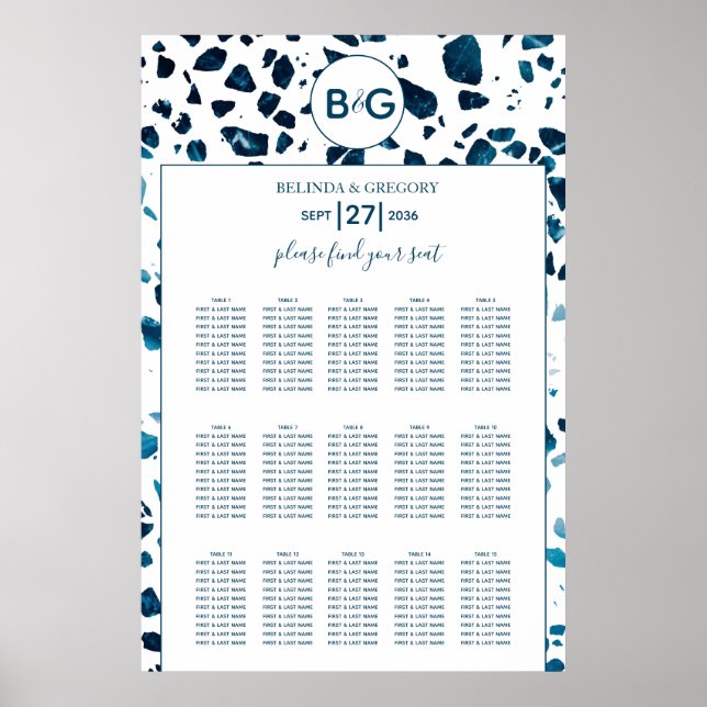 Poster Mariage moderne Terrazzo Mosaic bleu carte de sièg (Devant)