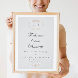 Poster mariage monogramme or classique romantique