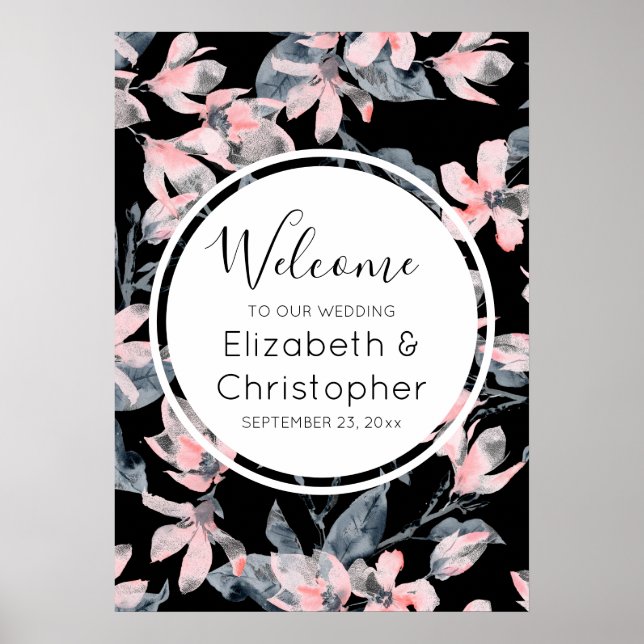 Poster Mariage Motif rose et gris Floral (Devant)